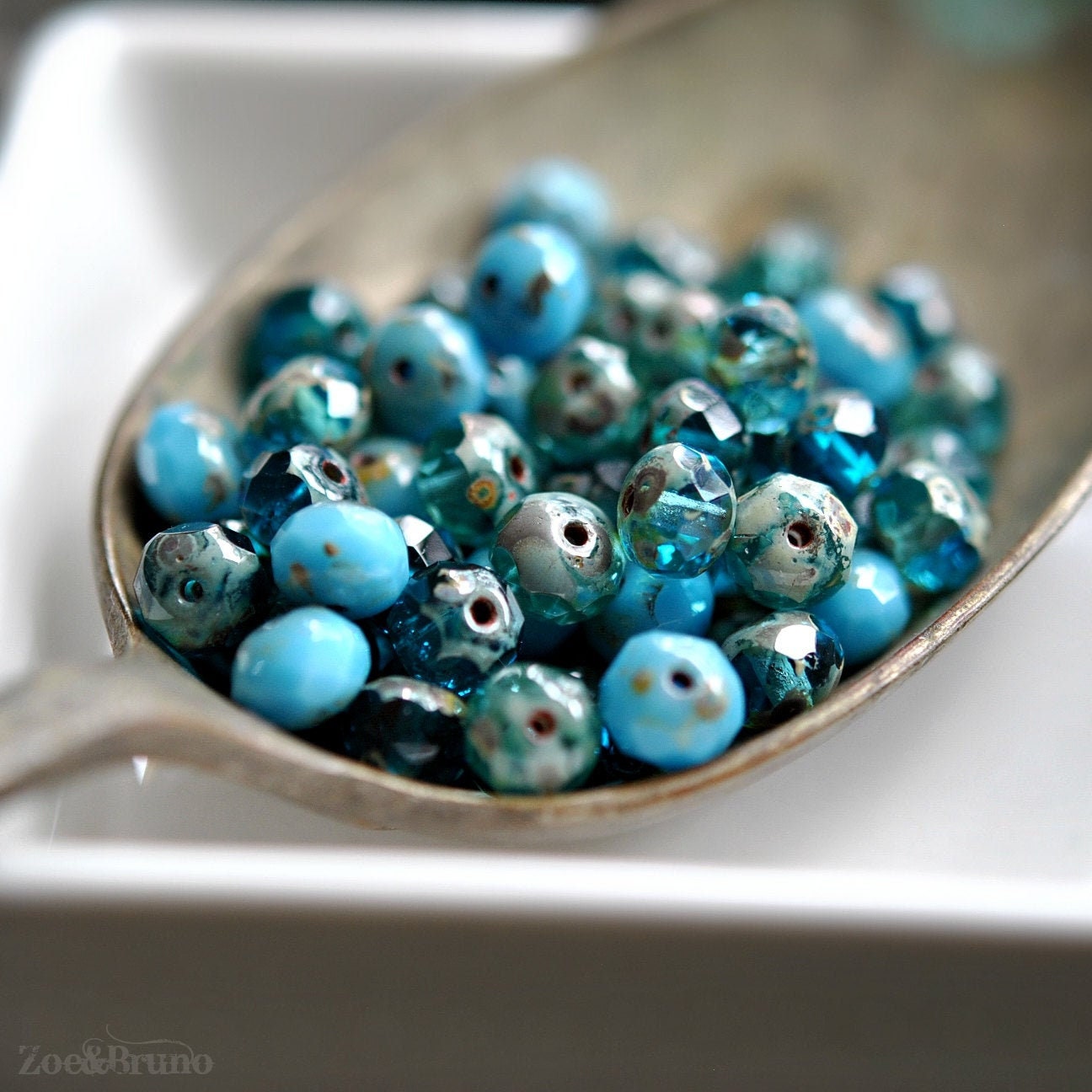 15 Transparent Aqua, Capri Blue, Opaque Baby Blue, Picasso Finish, Premium Czech Glass, Facet Rondelle Bead Mix 7x5mm