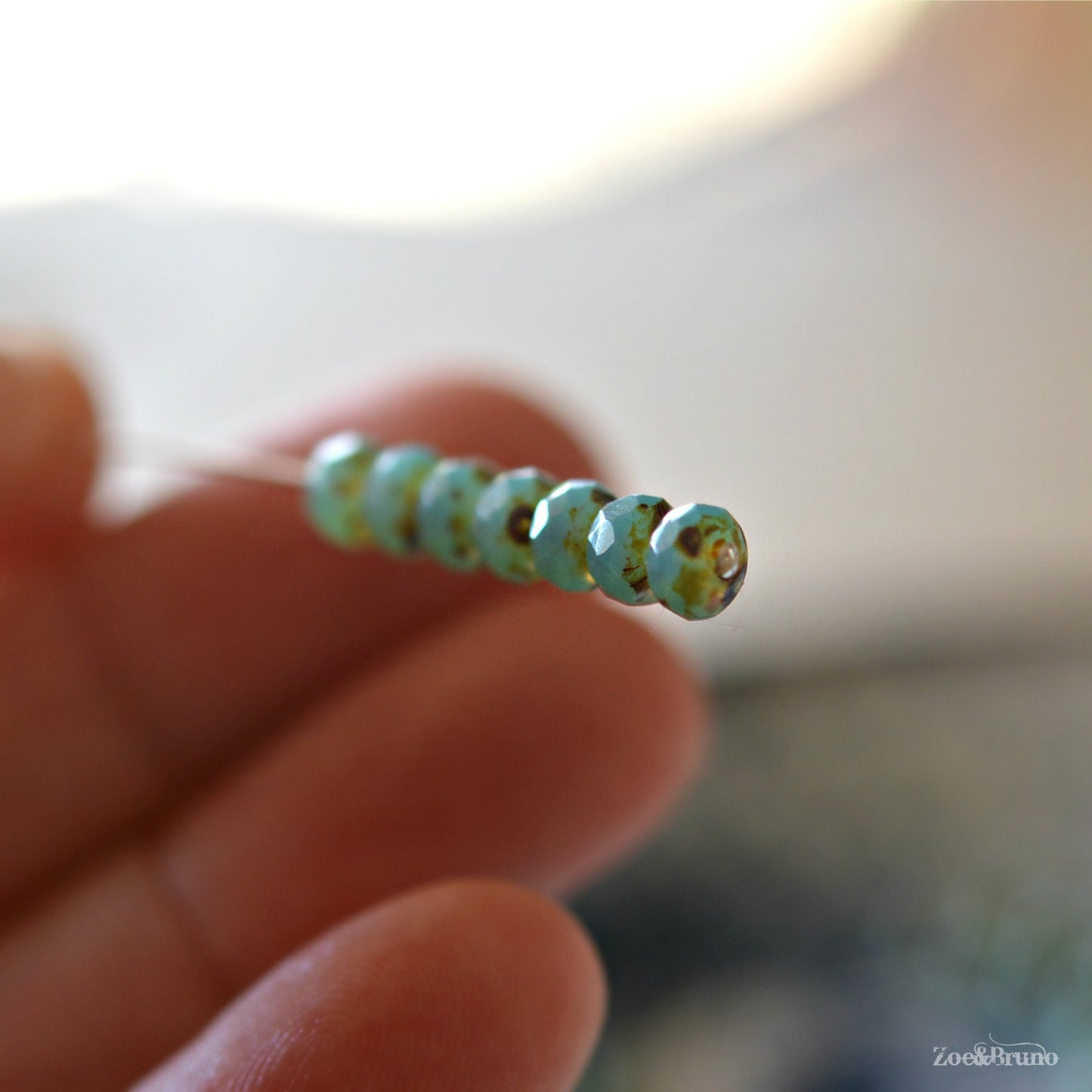 15 Semi-Opaque Tea Green, Picasso Finish, Premium Czech Glass, Facet Rondelle Beads 5x7mm