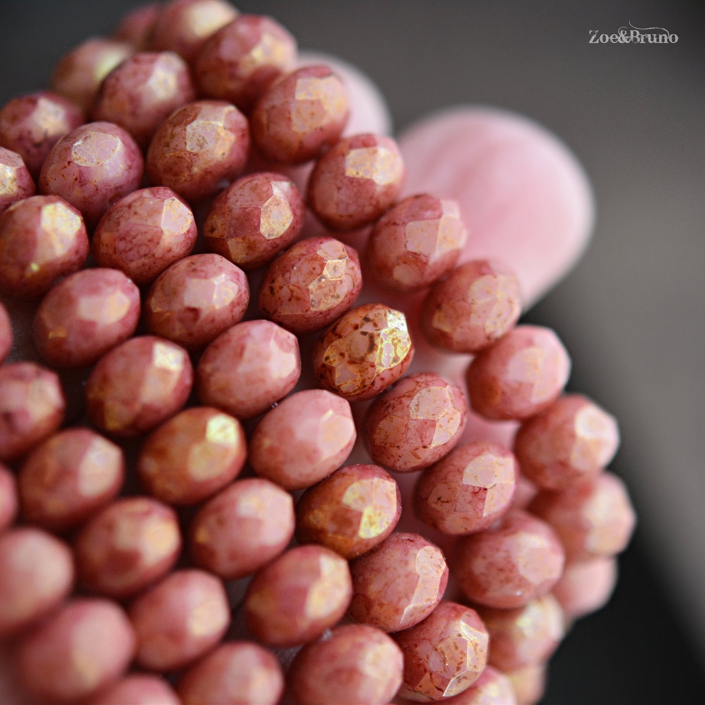 10 Opaque Salmon, Metallic Gold Luster, Pink Picasso Finish, Premium Czech Glass, Facet Rondelle Beads 6x8mm.