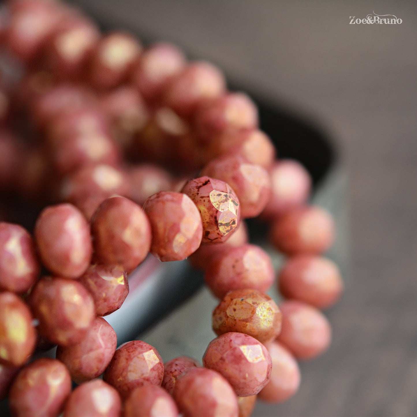 10 Opaque Salmon, Metallic Gold Luster, Pink Picasso Finish, Premium Czech Glass, Facet Rondelle Beads 6x8mm.