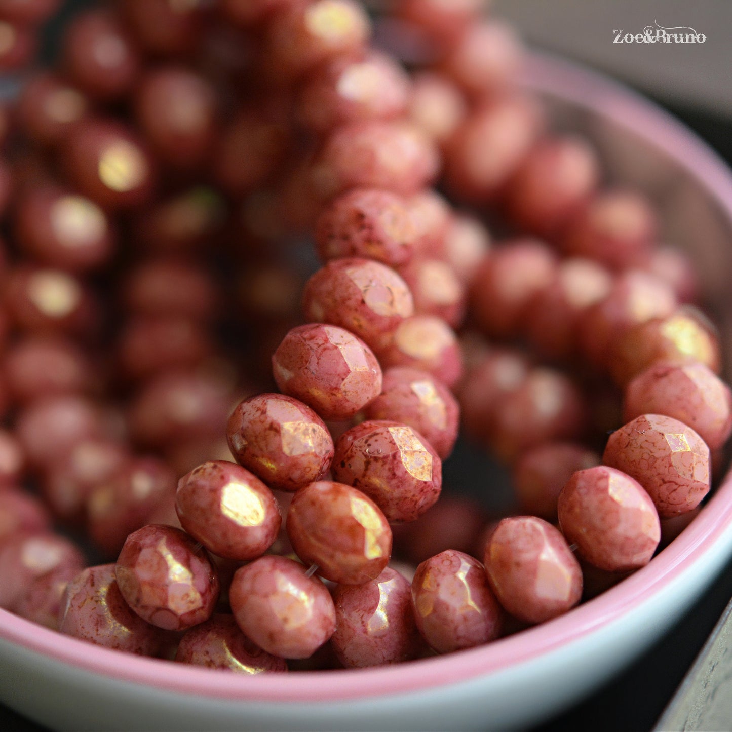 10 Opaque Salmon, Metallic Gold Luster, Pink Picasso Finish, Premium Czech Glass, Facet Rondelle Beads 6x8mm.