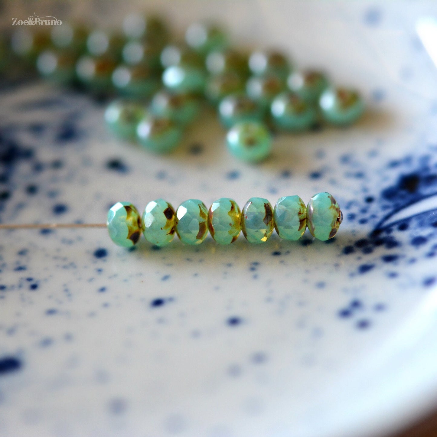 15 Semi-Opaque Tea Green, Picasso Finish, Premium Czech Glass, Facet Rondelle Beads 5x7mm