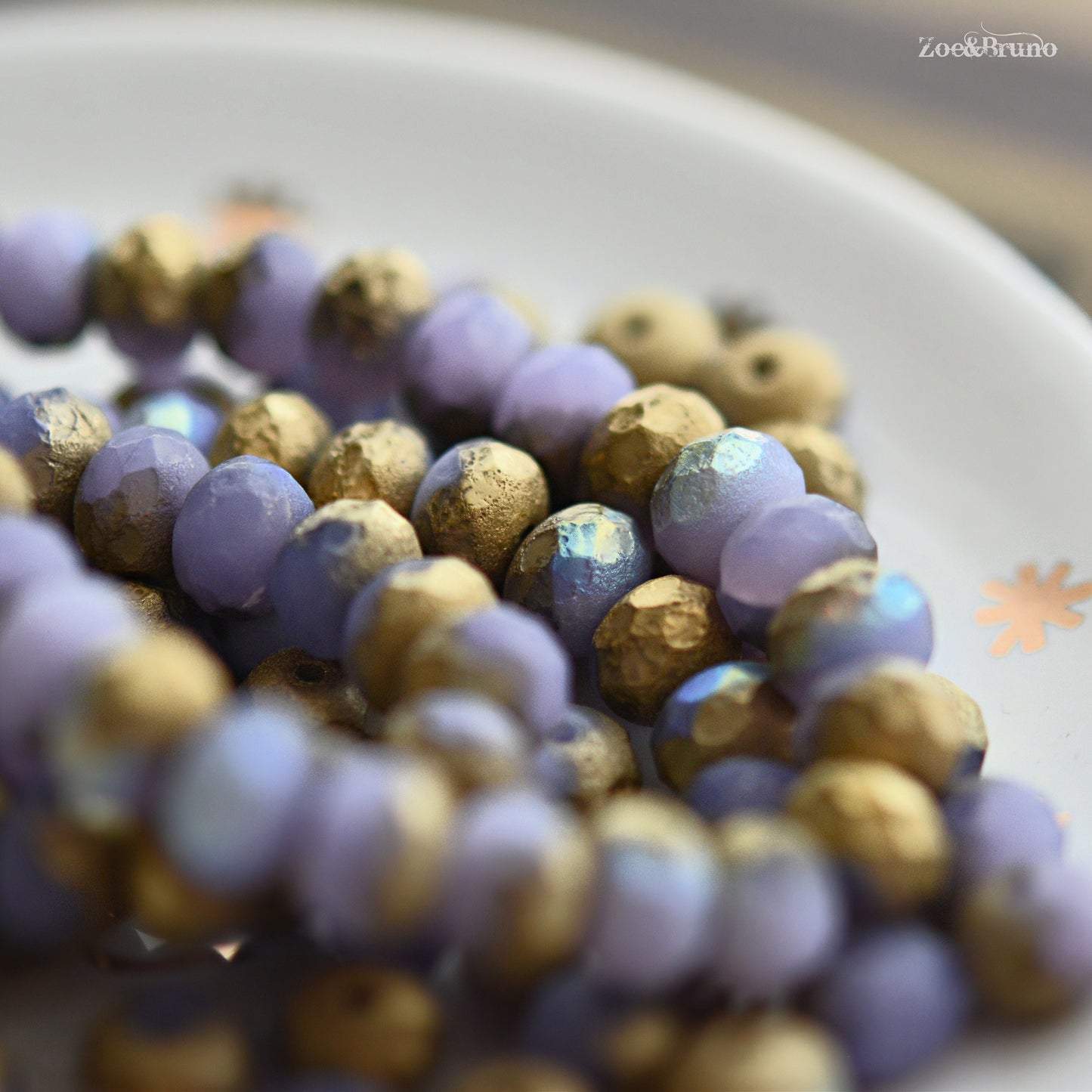 10 Semi-Opaque Etched Thistle Purple, Metallic Gold, AB Aurora Borealis Finish, Premium Czech Glass, Facet Rondelle Beads 6x8mm
