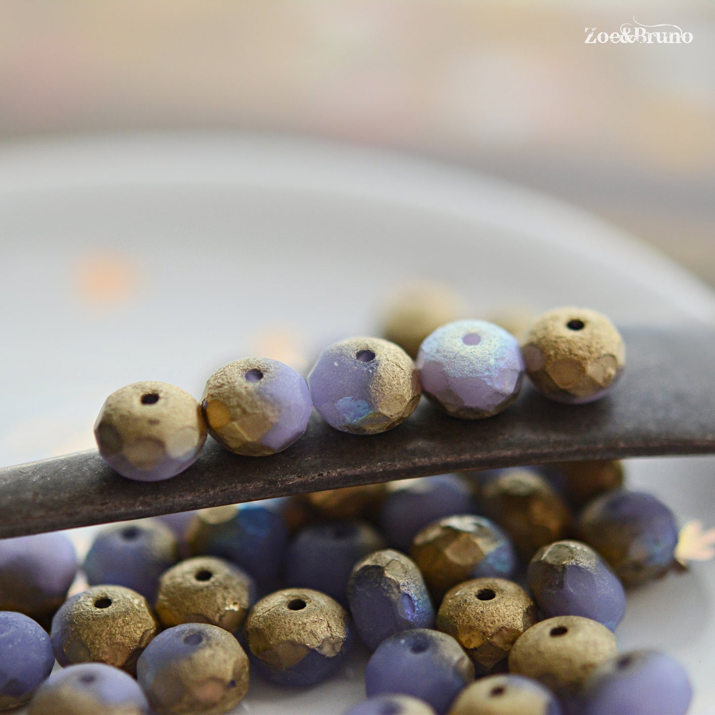 10 Semi-Opaque Etched Thistle Purple, Metallic Gold, AB Aurora Borealis Finish, Premium Czech Glass, Facet Rondelle Beads 6x8mm