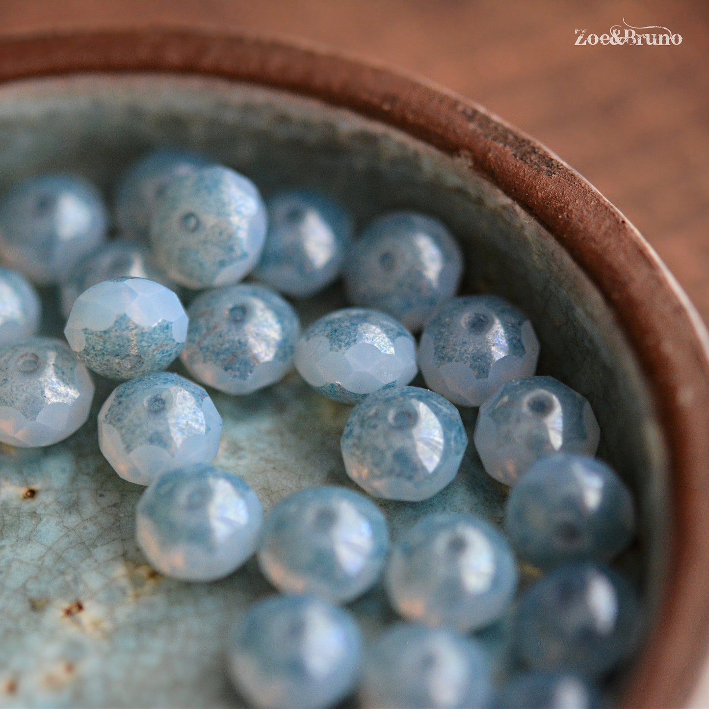 10 Semi-Transparent, Pale Sky Blue, Blue Picasso Finish, Premium Czech Glass, Facet Rondelle Beads 6x8mm