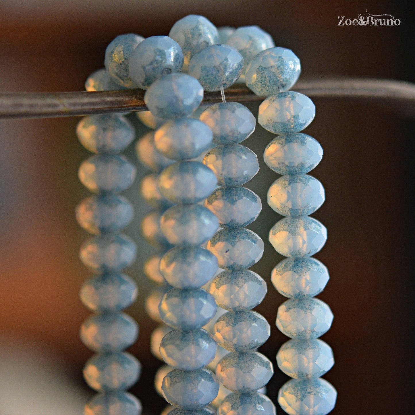 10 Semi-Transparent, Pale Sky Blue, Blue Picasso Finish, Premium Czech Glass, Facet Rondelle Beads 6x8mm