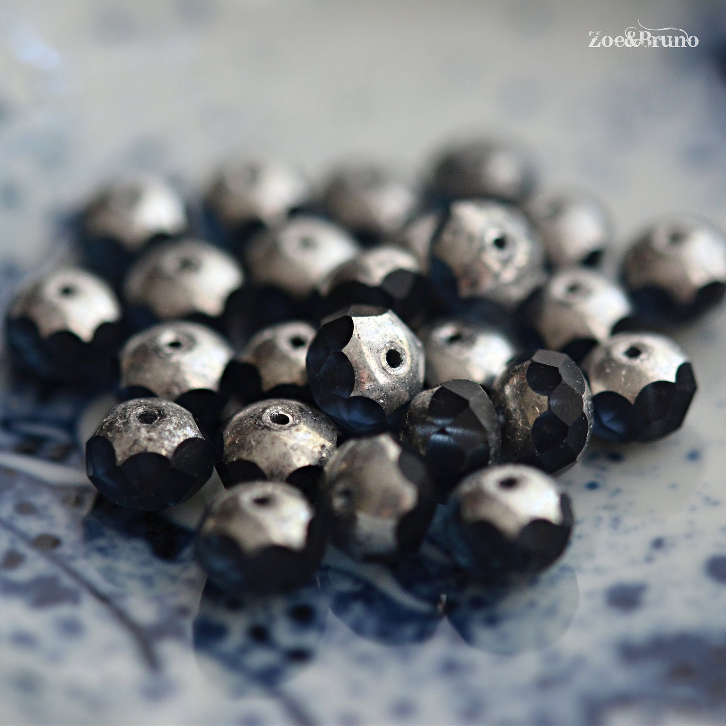 10 Transparent Montana, Slate Blue, Metallic Silver Finish, Premium Czech Glass, Facet Rondelle Beads 6x8mm.