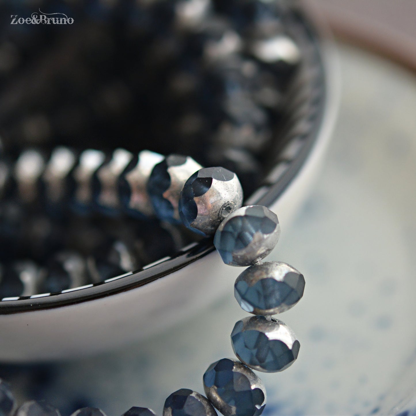 10 Transparent Montana, Slate Blue, Metallic Silver Finish, Premium Czech Glass, Facet Rondelle Beads 6x8mm.