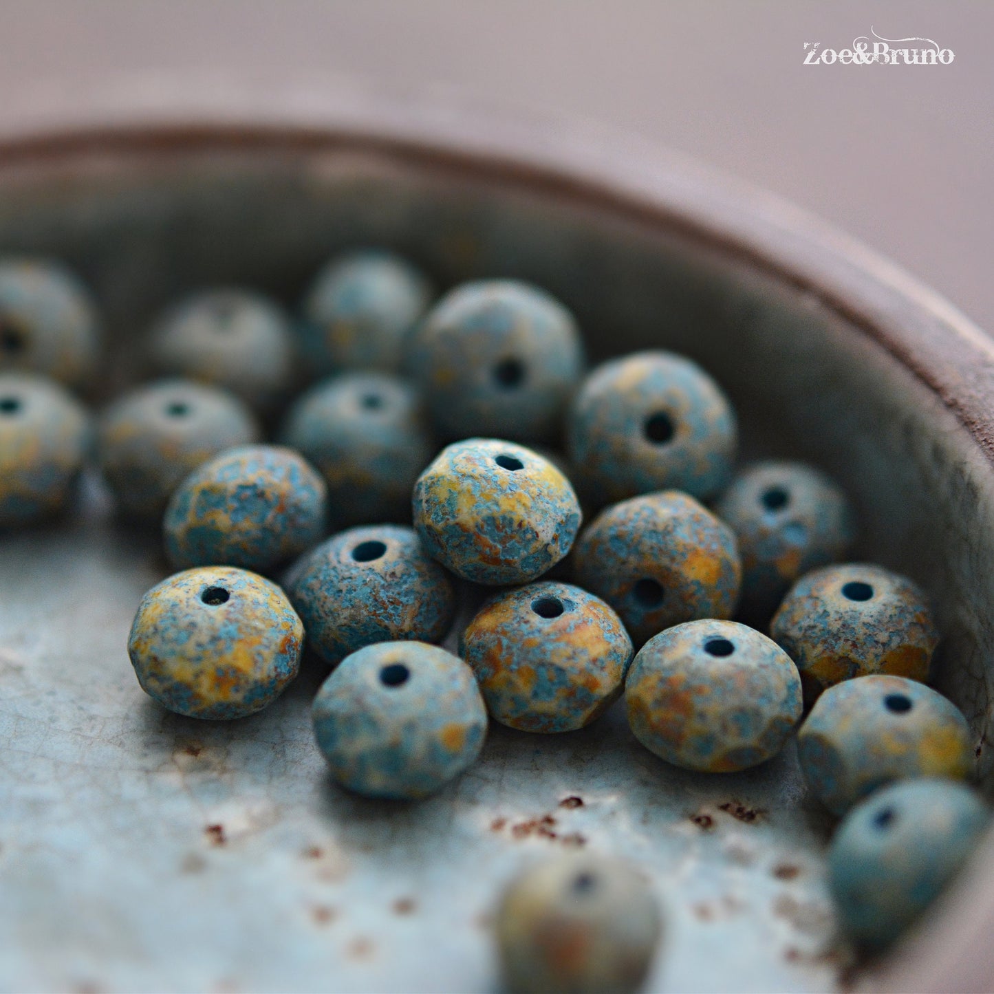 10 Opaque White, Picasso Finish, Etched Turquoise Wash, Premium Czech Glass, Facet Rondelle Beads 6x8mm.