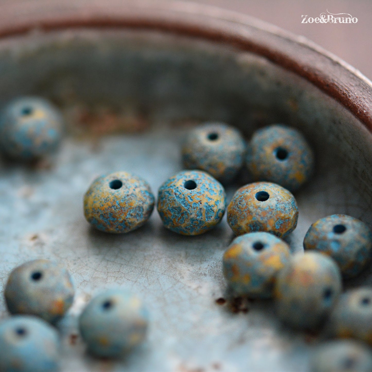 10 Opaque White, Picasso Finish, Etched Turquoise Wash, Premium Czech Glass, Facet Rondelle Beads 6x8mm.
