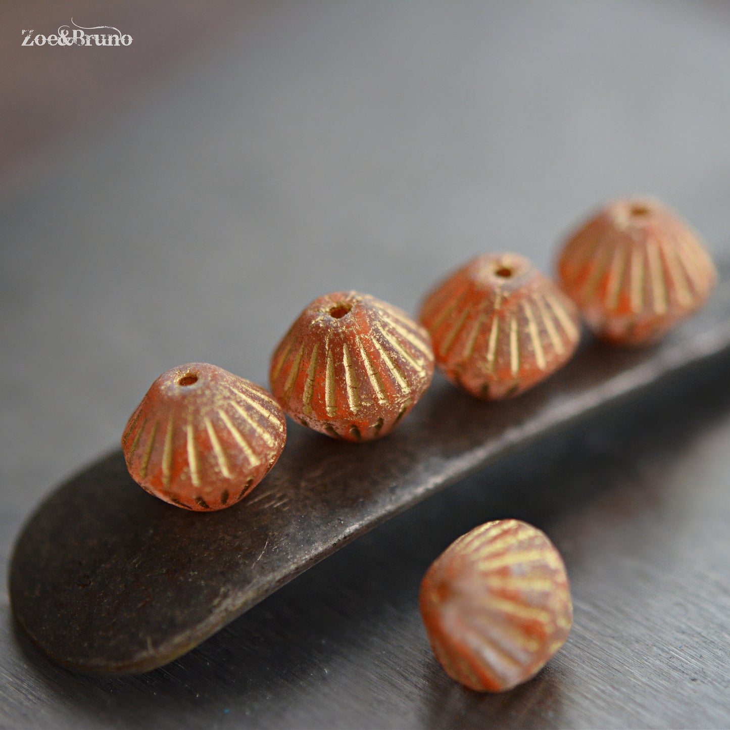 6 Matte Transparent Orange, Etched Metallic Gold Wash, Premium Czech Glass, Tribal Bicone Beads 11mm