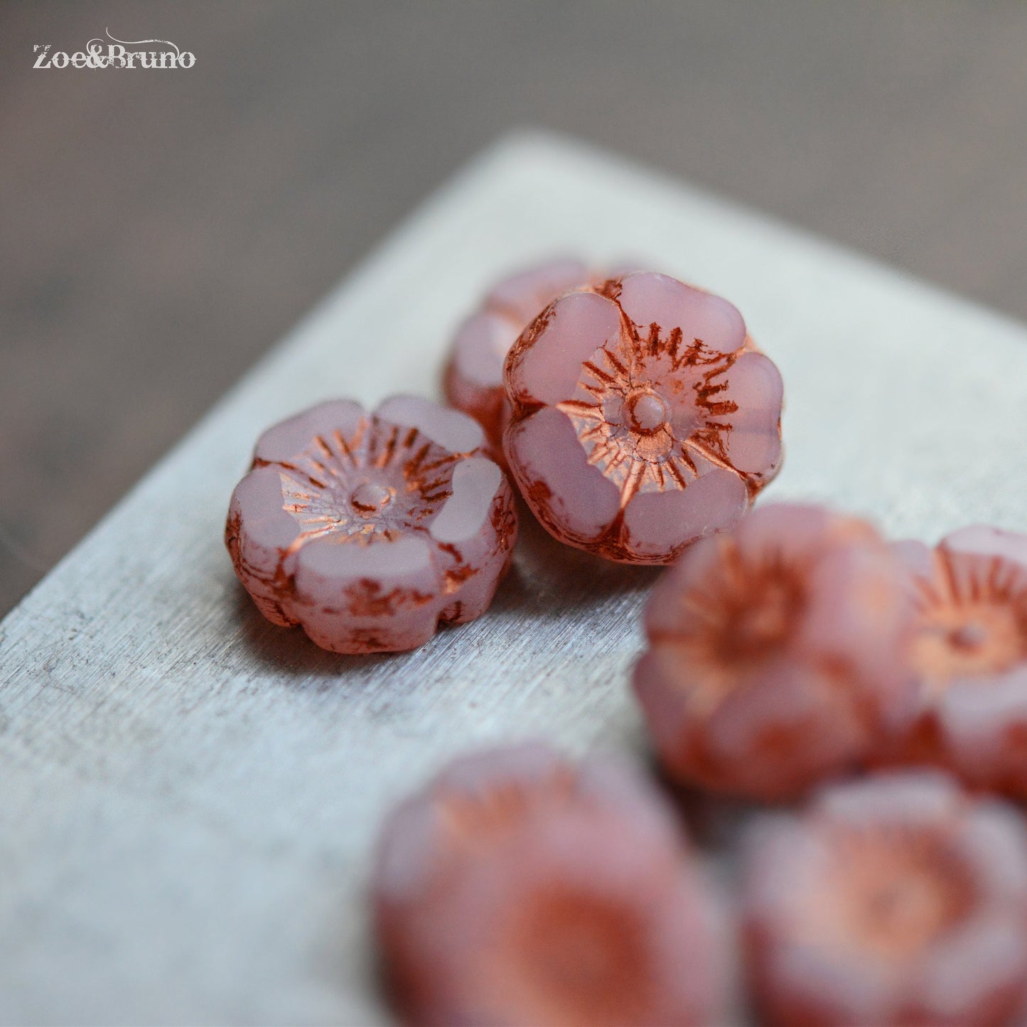 6 Semi-Opaque, Dusty Rose, Metallic Copper Wash, Premium Czech Glass, Hibiscus Flower Beads 12mm