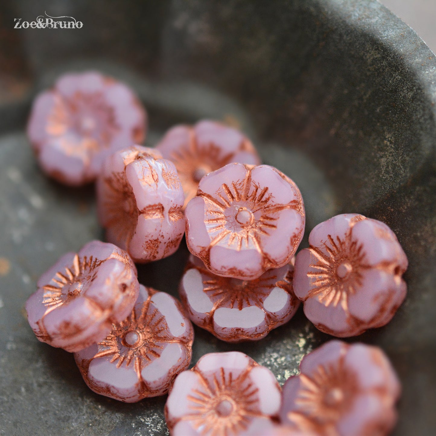 6 Semi-Opaque, Dusty Rose, Metallic Copper Wash, Premium Czech Glass, Hibiscus Flower Beads 12mm