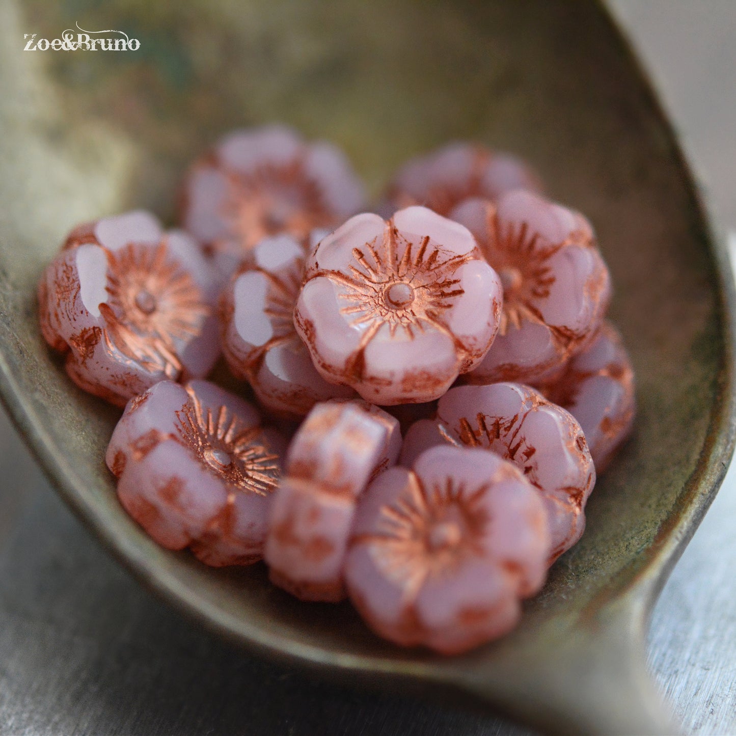 6 Semi-Opaque, Dusty Rose, Metallic Copper Wash, Premium Czech Glass, Hibiscus Flower Beads 12mm