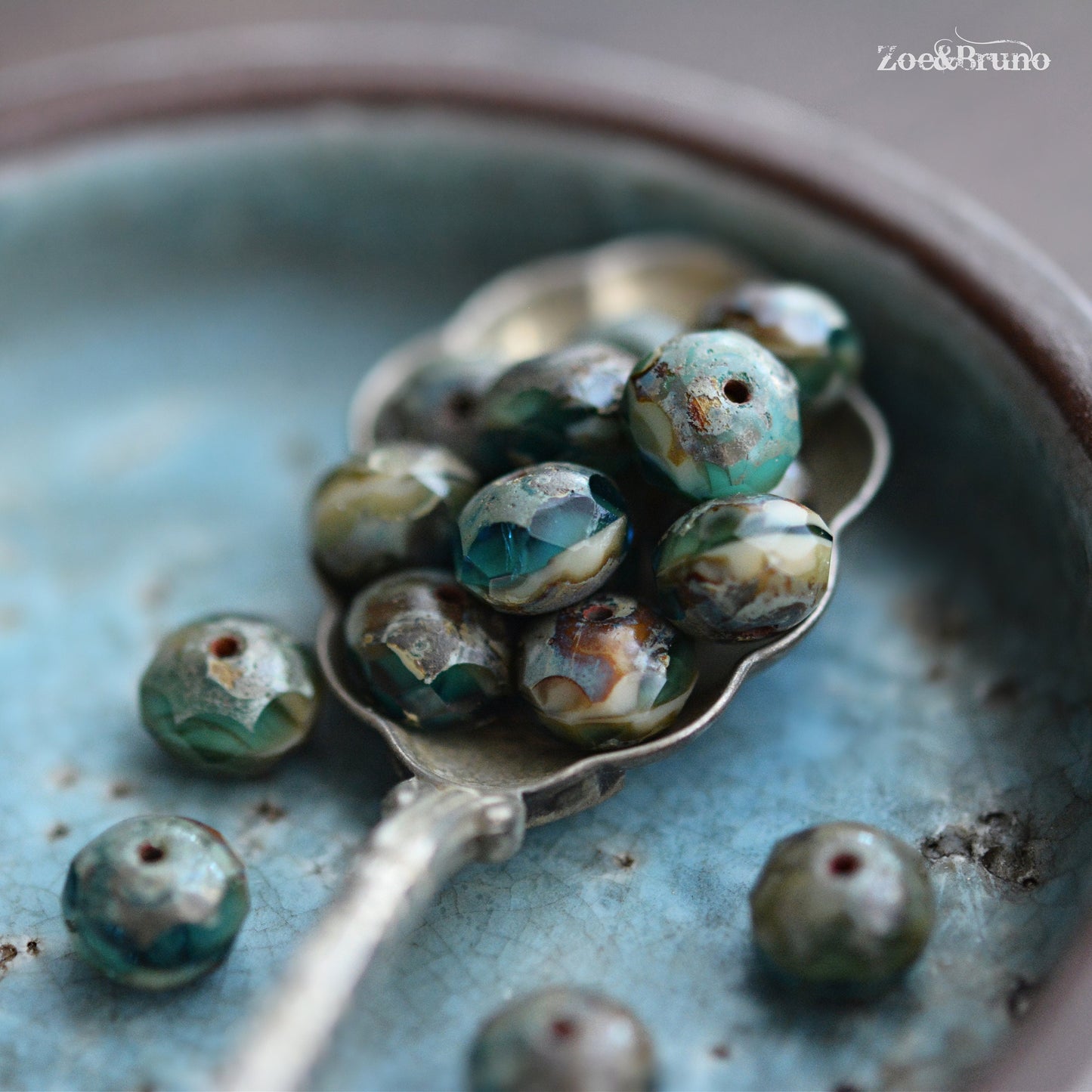 10 Transparent Pacific Blue, Sea Green, Opaque Beige, Picasso Finish, Premium Czech Glass, Facet Rondelle Beads 6x8mm