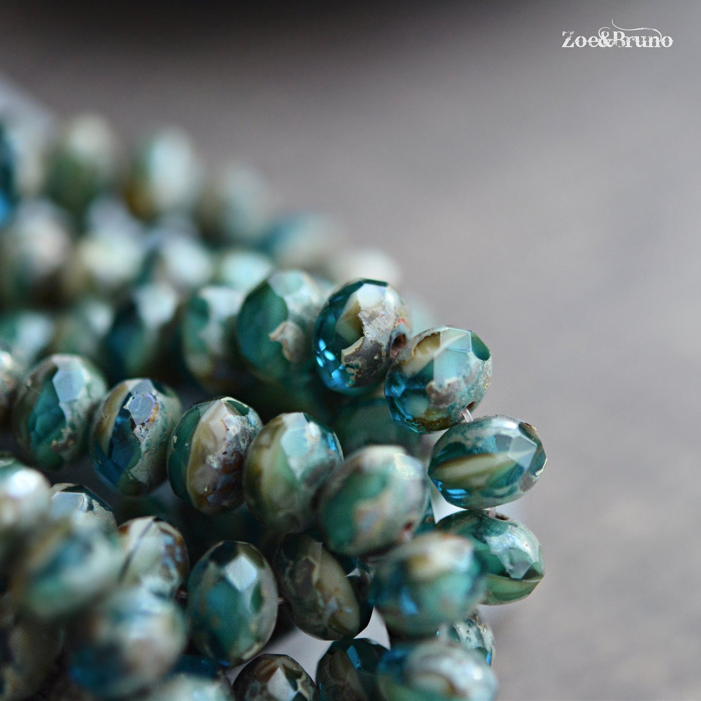 10 Transparent Pacific Blue, Sea Green, Opaque Beige, Picasso Finish, Premium Czech Glass, Facet Rondelle Beads 6x8mm