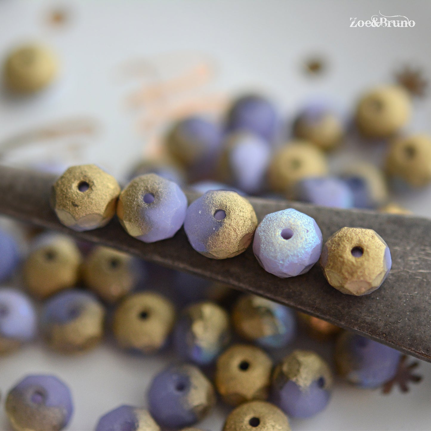 10 Semi-Opaque Etched Thistle Purple, Metallic Gold, AB Aurora Borealis Finish, Premium Czech Glass, Facet Rondelle Beads 6x8mm