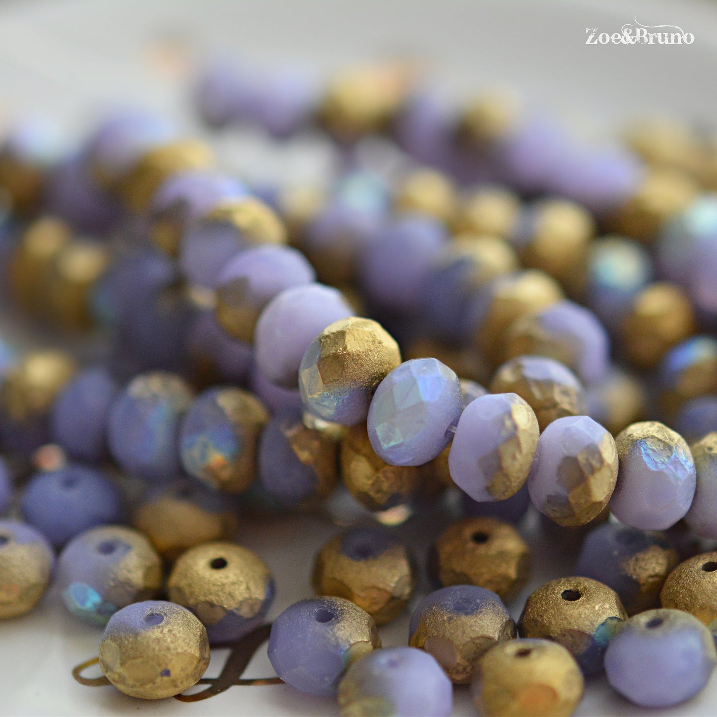10 Semi-Opaque Etched Thistle Purple, Metallic Gold, AB Aurora Borealis Finish, Premium Czech Glass, Facet Rondelle Beads 6x8mm
