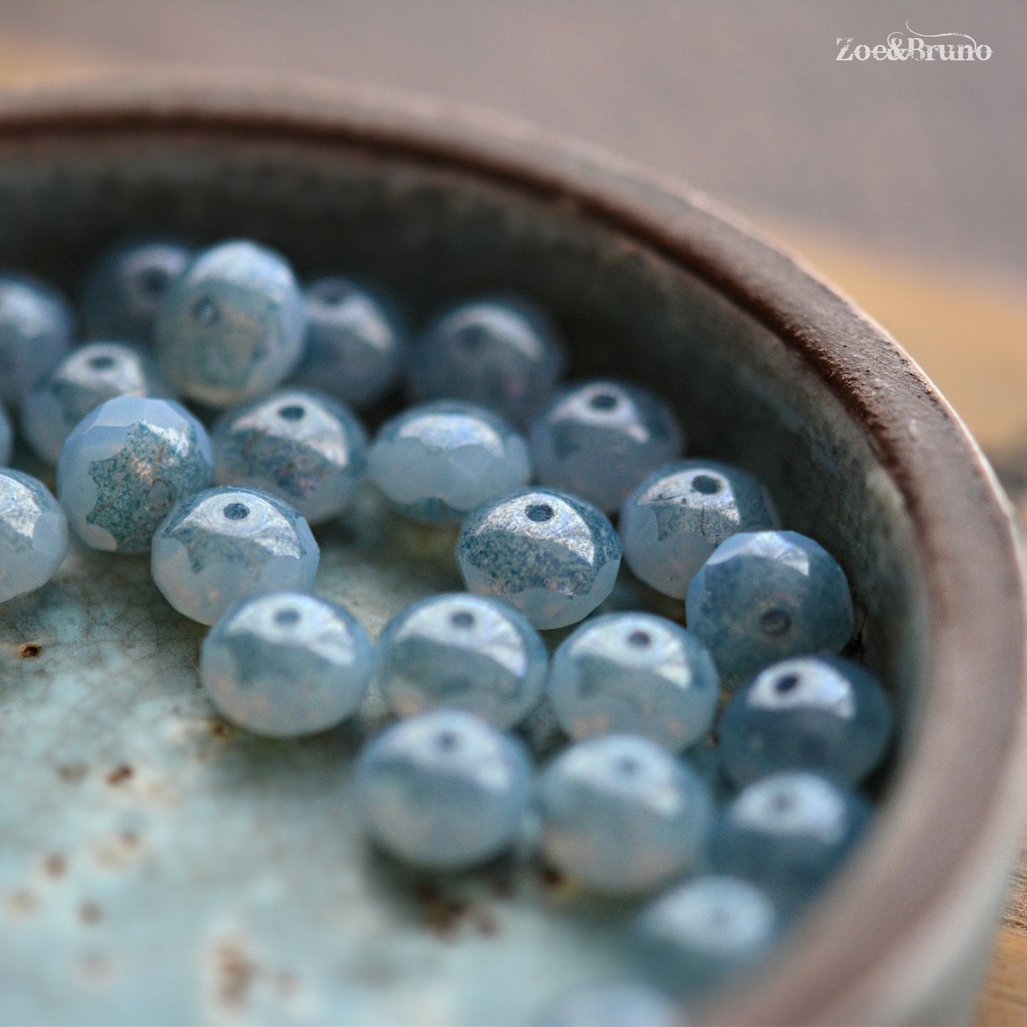 10 Semi-Transparent, Pale Sky Blue, Blue Picasso Finish, Premium Czech Glass, Facet Rondelle Beads 6x8mm