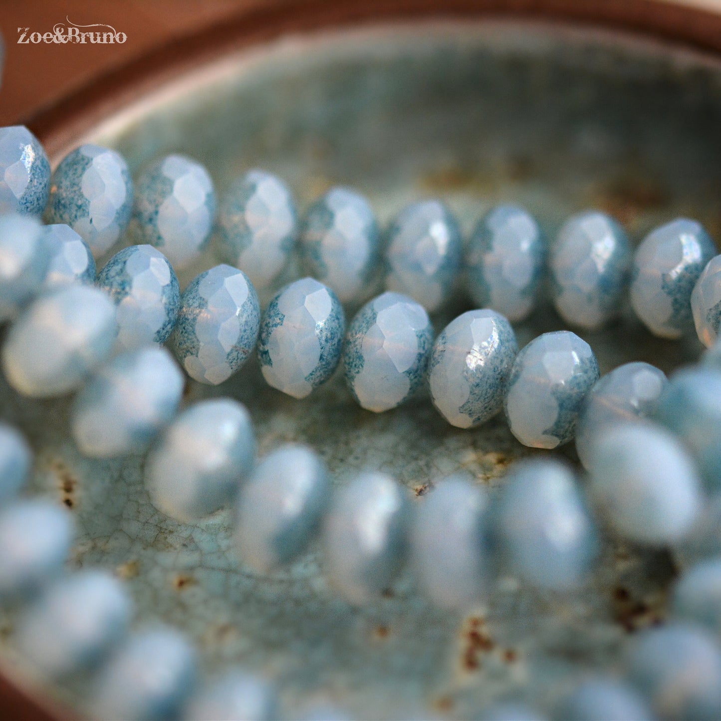 10 Semi-Transparent, Pale Sky Blue, Blue Picasso Finish, Premium Czech Glass, Facet Rondelle Beads 6x8mm