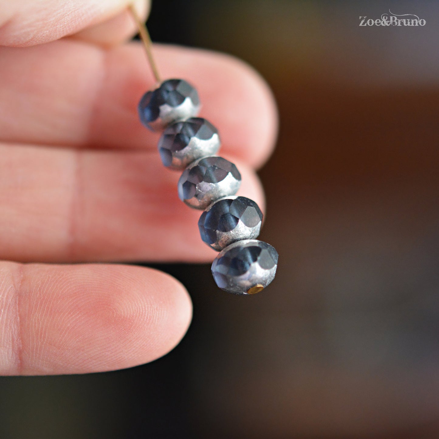10 Transparent Montana, Slate Blue, Metallic Silver Finish, Premium Czech Glass, Facet Rondelle Beads 6x8mm.