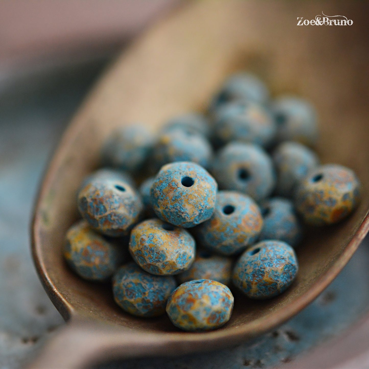 10 Opaque White, Picasso Finish, Etched Turquoise Wash, Premium Czech Glass, Facet Rondelle Beads 6x8mm.