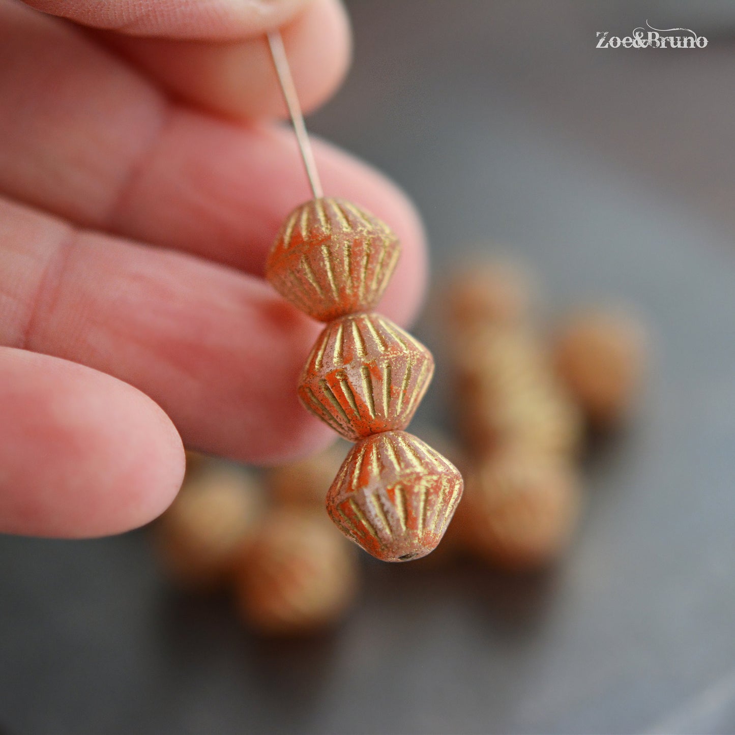 6 Matte Transparent Orange, Etched Metallic Gold Wash, Premium Czech Glass, Tribal Bicone Beads 11mm