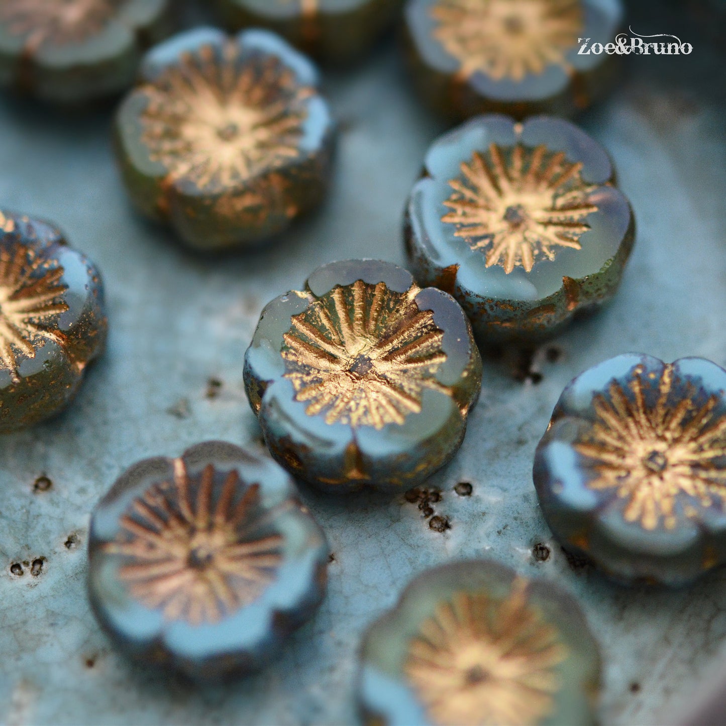 6 Opaque Sky Blue, Translucent Yellow, Metallic Bronze Finish, Gold Wash, Premium Czech Glass, Hibiscus Flower Beads 14mm