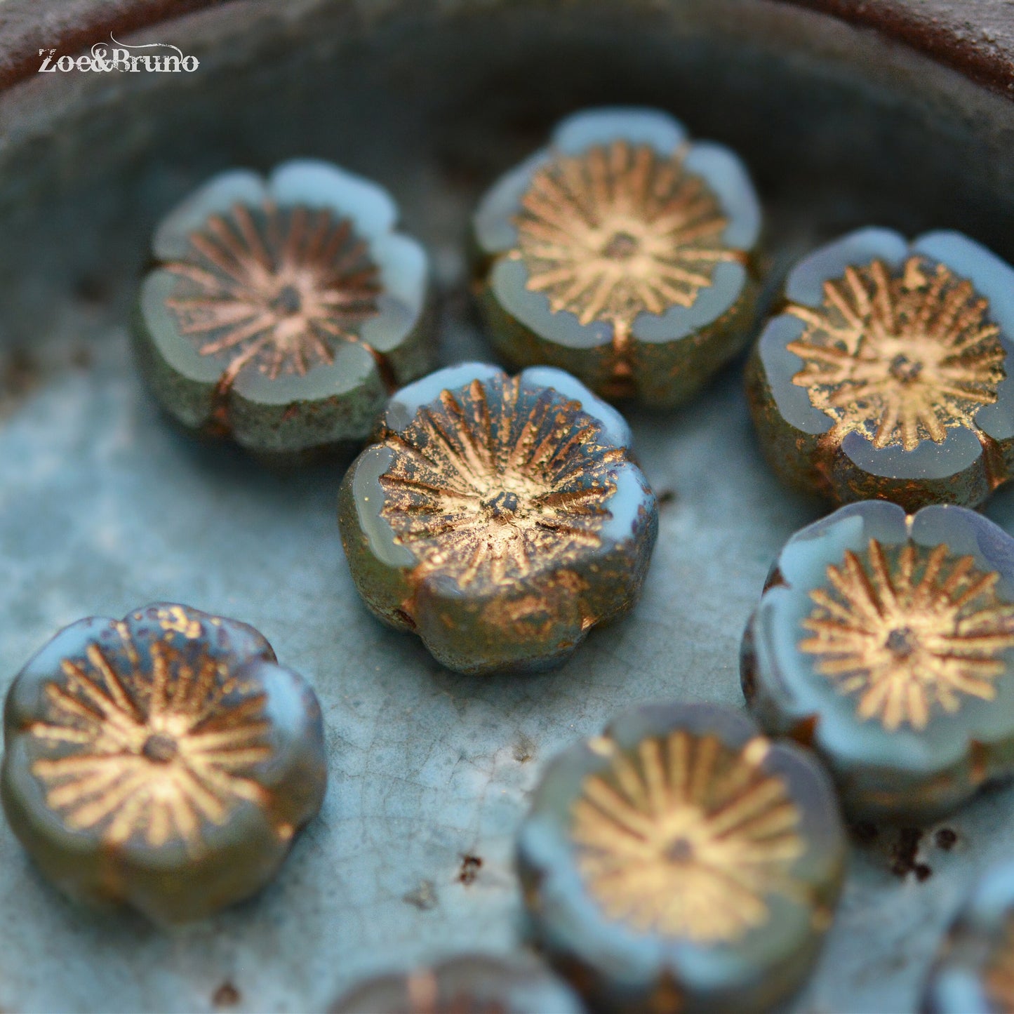 6 Opaque Sky Blue, Translucent Yellow, Metallic Bronze Finish, Gold Wash, Premium Czech Glass, Hibiscus Flower Beads 14mm