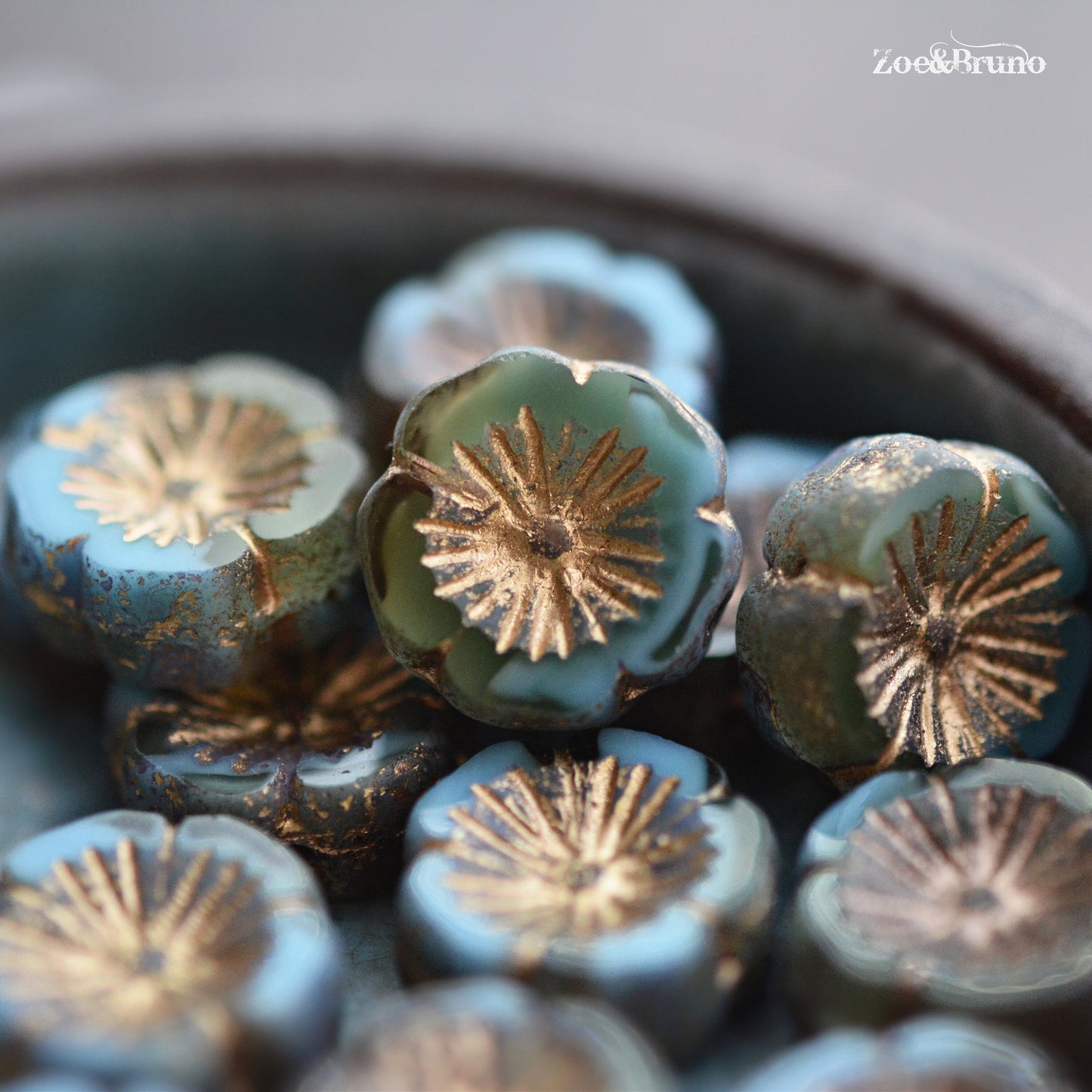 6 Opaque Sky Blue, Translucent Yellow, Metallic Bronze Finish, Gold Wash, Premium Czech Glass, Hibiscus Flower Beads 14mm