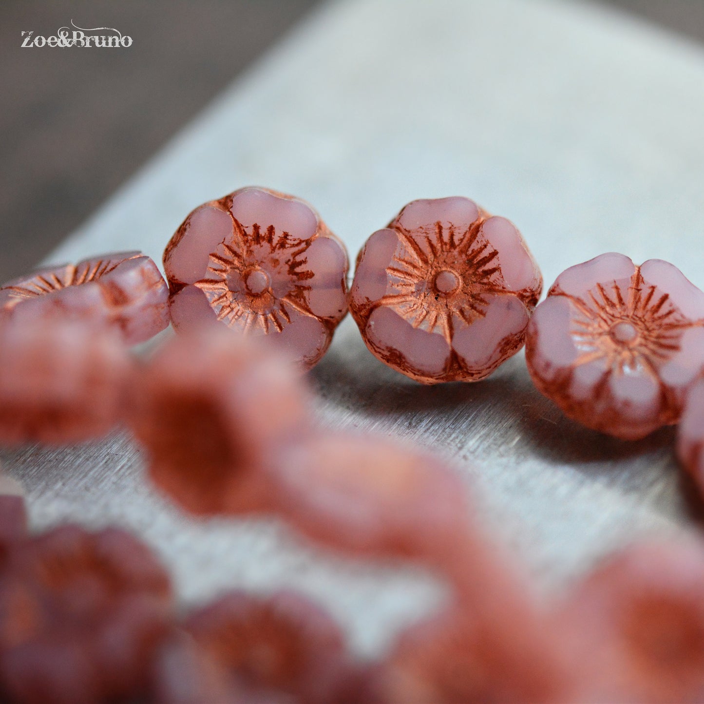 6 Semi-Opaque, Dusty Rose, Metallic Copper Wash, Premium Czech Glass, Hibiscus Flower Beads 12mm