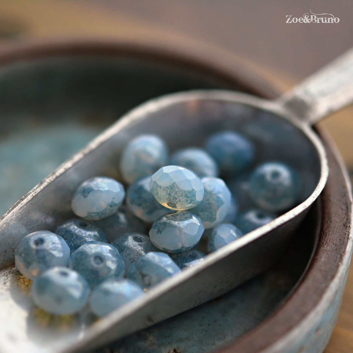 10 Semi-Transparent, Pale Sky Blue, Blue Picasso Finish, Premium Czech Glass, Facet Rondelle Beads 6x8mm