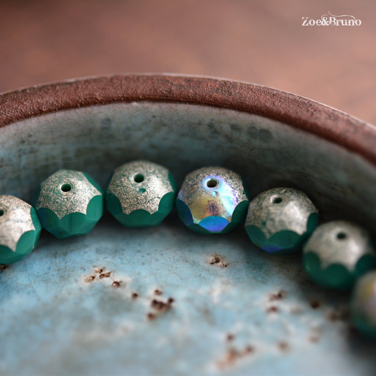 10 Opaque Sea Green, Metallic Antique Silver Finish, AB Aurora Borealis, Premium Czech Glass, Facet Rondelle Beads 6x8mm