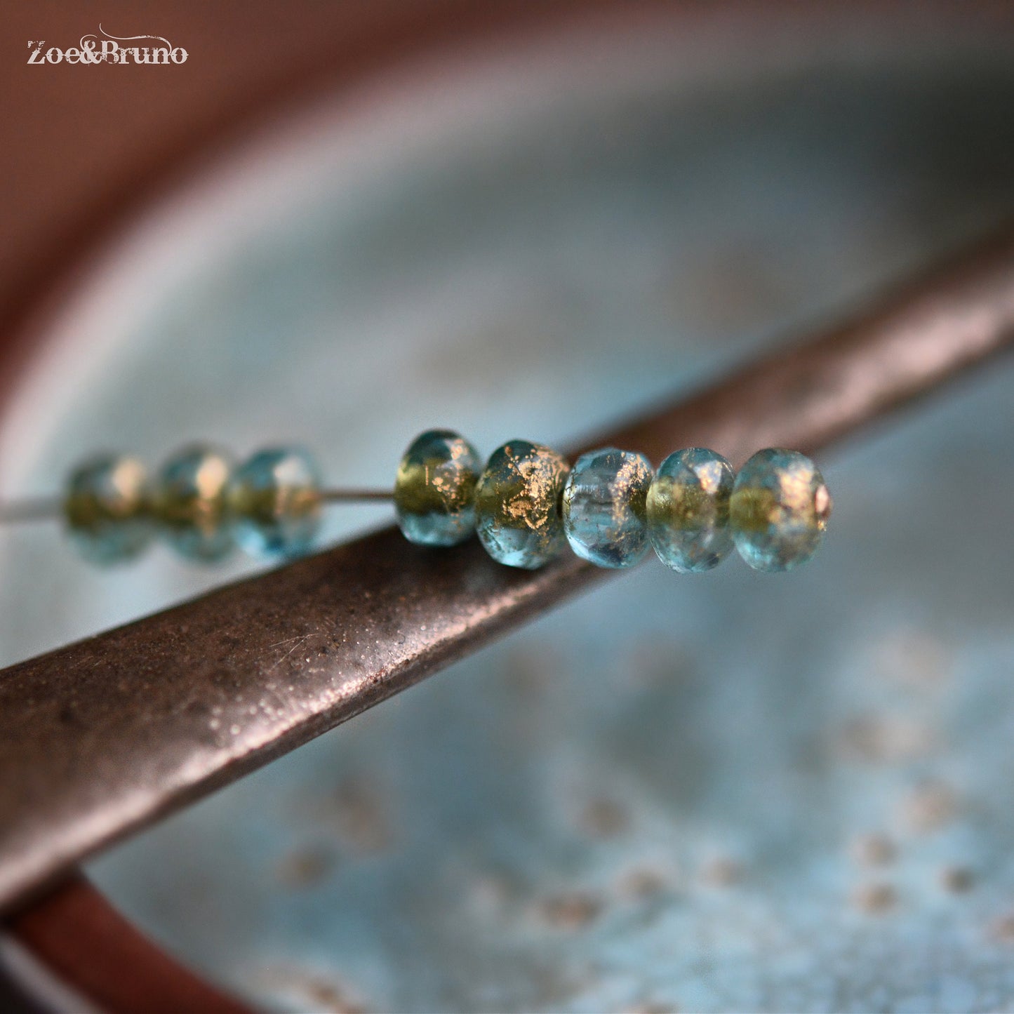 30 Translucent Baby Blue, Etched Metallic Gold Wash, Premium Czech Glass, Facet Rondelle Beads 3x5mm.