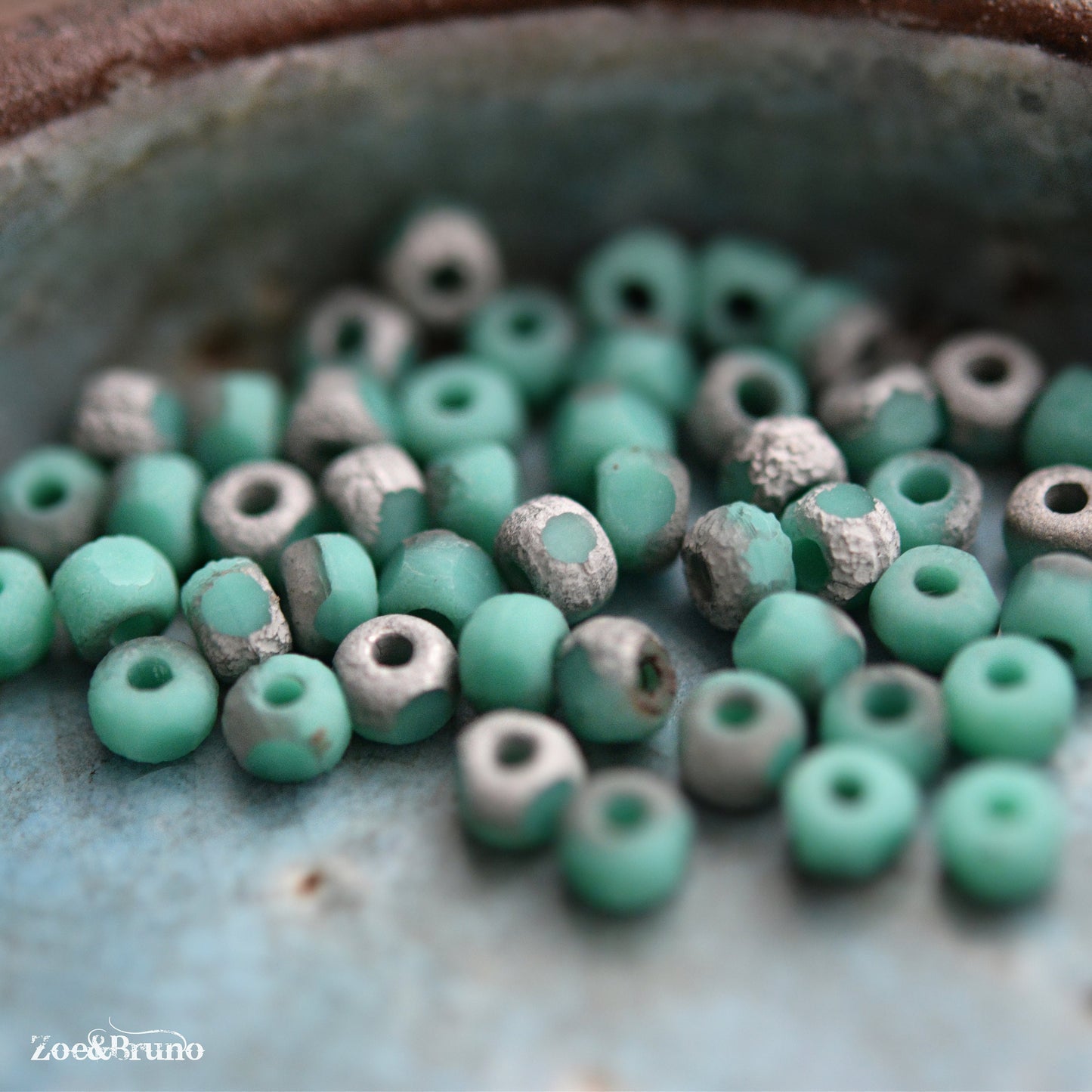 50 Matte Opaque Seagreen, Etched Metallic Silver Finish, Premium Czech Glass, Trica Cut Beads 3x4mm