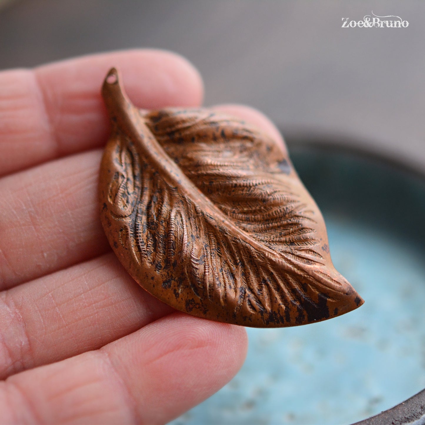 1 Vintaj Brass, Solid Copper, Mission Leaf Pendant 54x32.5mm