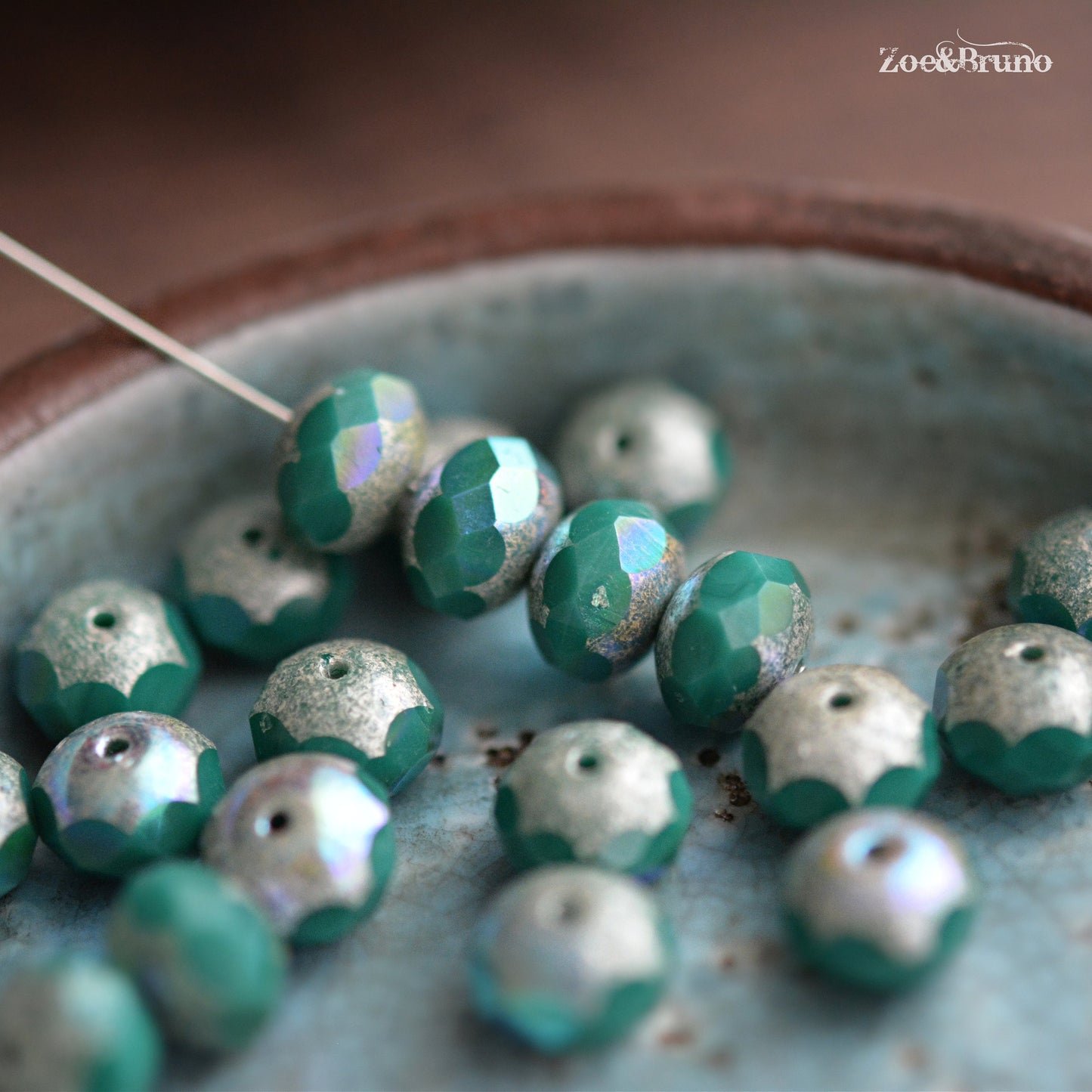 10 Opaque Sea Green, Metallic Antique Silver Finish, AB Aurora Borealis, Premium Czech Glass, Facet Rondelle Beads 6x8mm