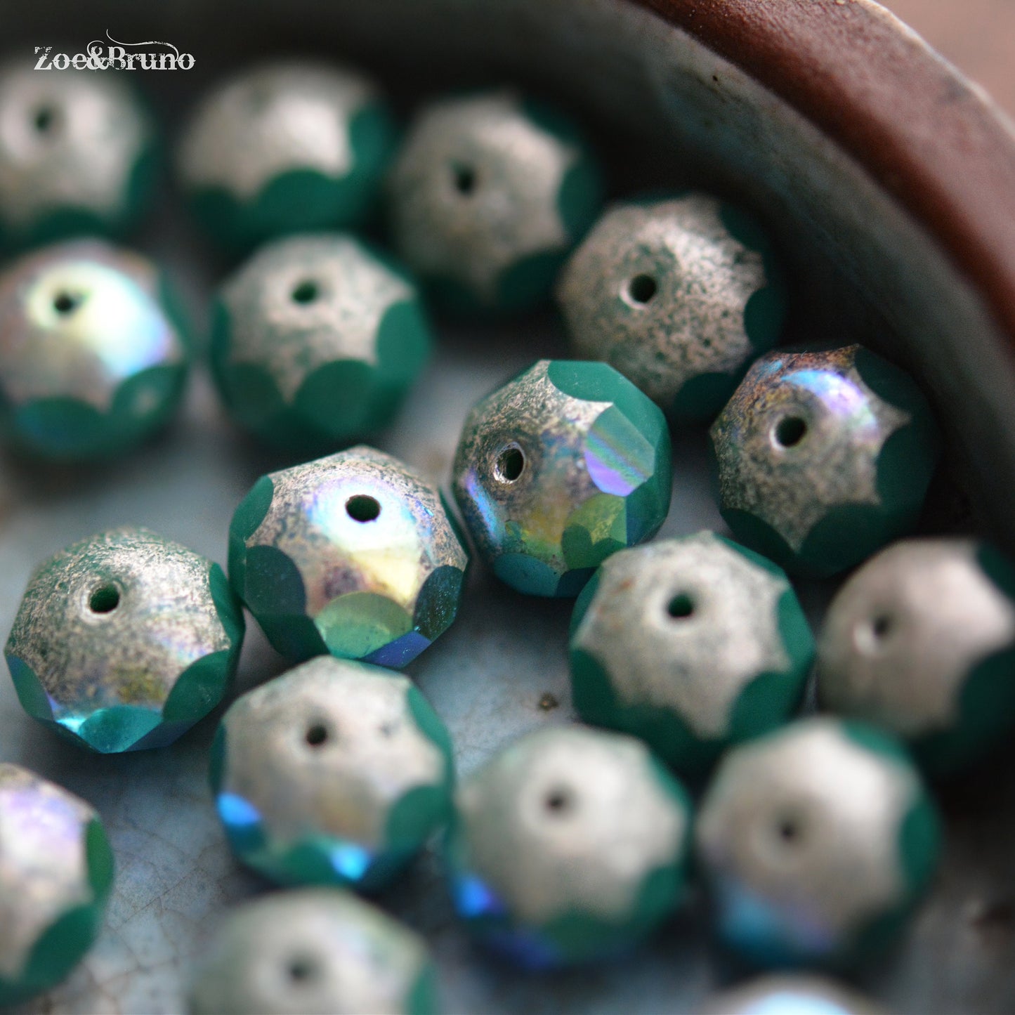 10 Opaque Sea Green, Metallic Antique Silver Finish, AB Aurora Borealis, Premium Czech Glass, Facet Rondelle Beads 6x8mm