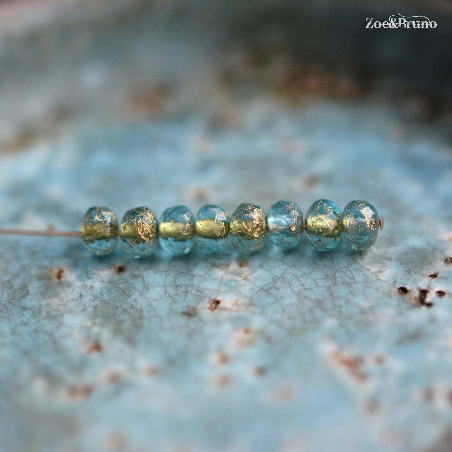 30 Translucent Baby Blue, Etched Metallic Gold Wash, Premium Czech Glass, Facet Rondelle Beads 3x5mm.