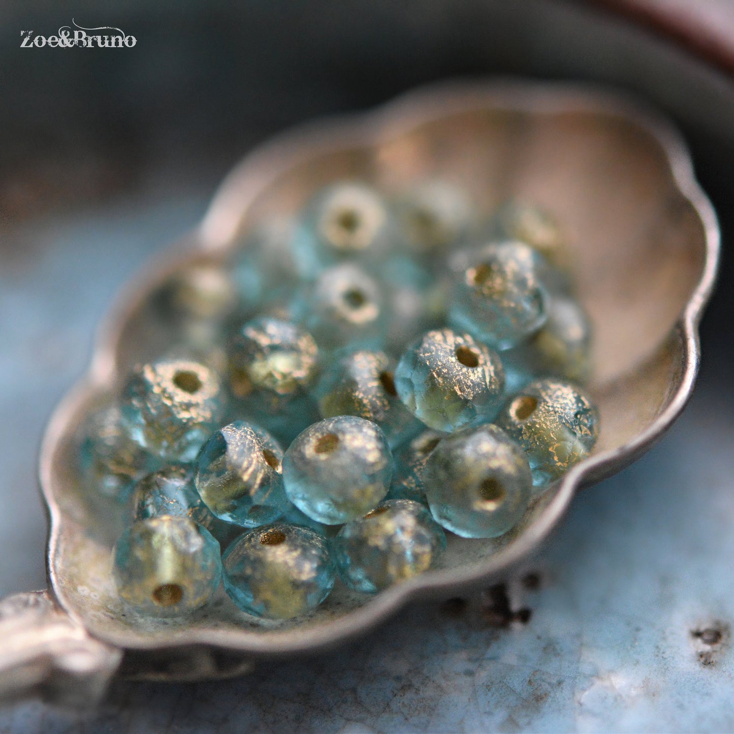 30 Translucent Baby Blue, Etched Metallic Gold Wash, Premium Czech Glass, Facet Rondelle Beads 3x5mm.