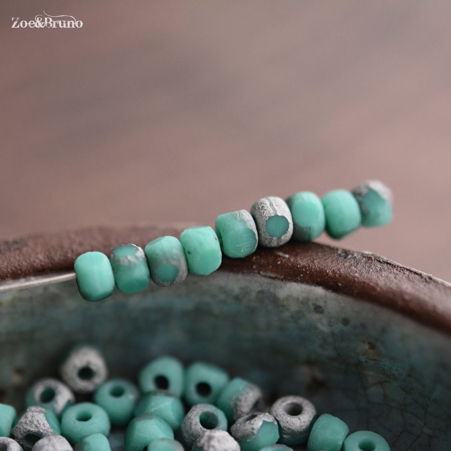 50 Matte Opaque Seagreen, Etched Metallic Silver Finish, Premium Czech Glass, Trica Cut Beads 3x4mm
