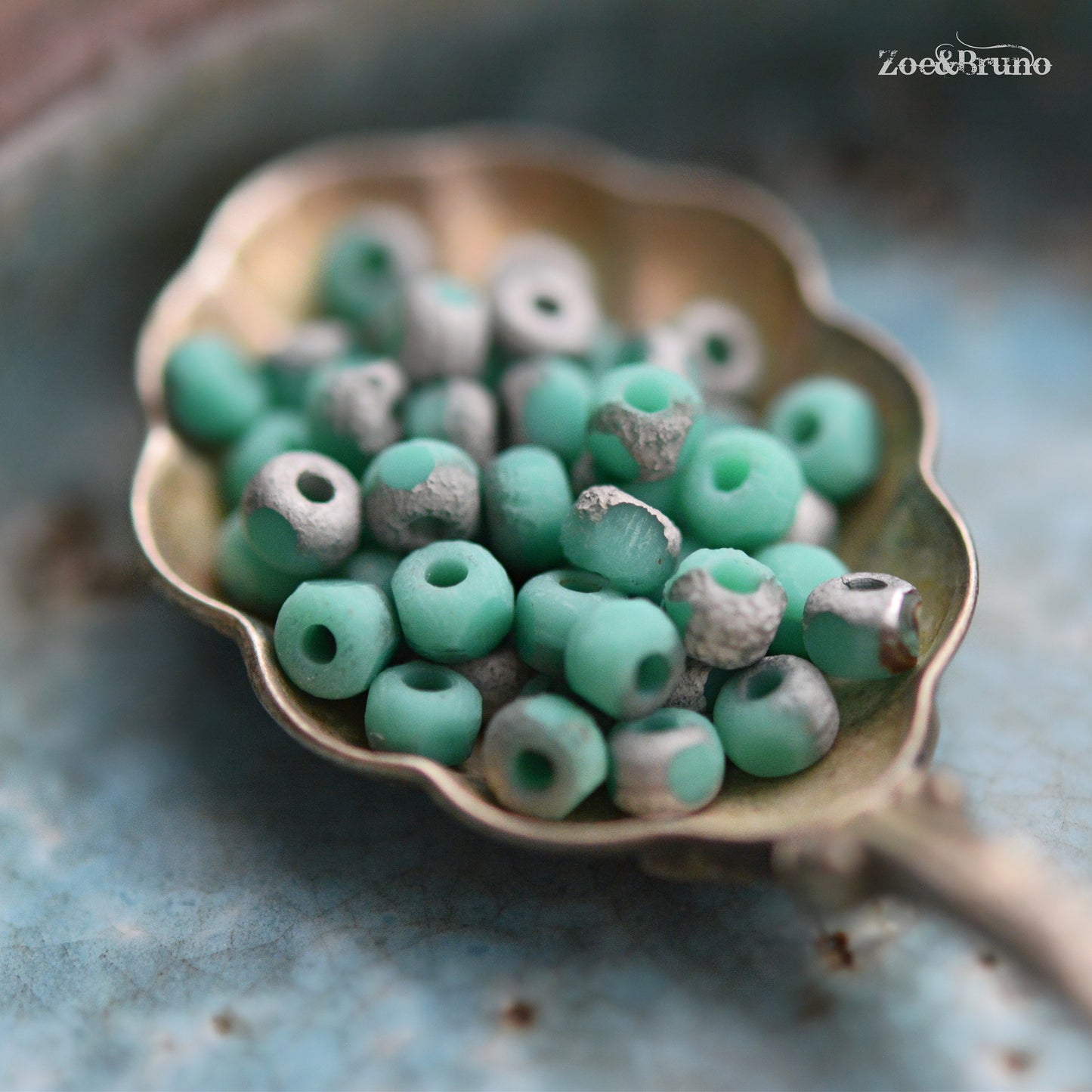 50 Matte Opaque Seagreen, Etched Metallic Silver Finish, Premium Czech Glass, Trica Cut Beads 3x4mm