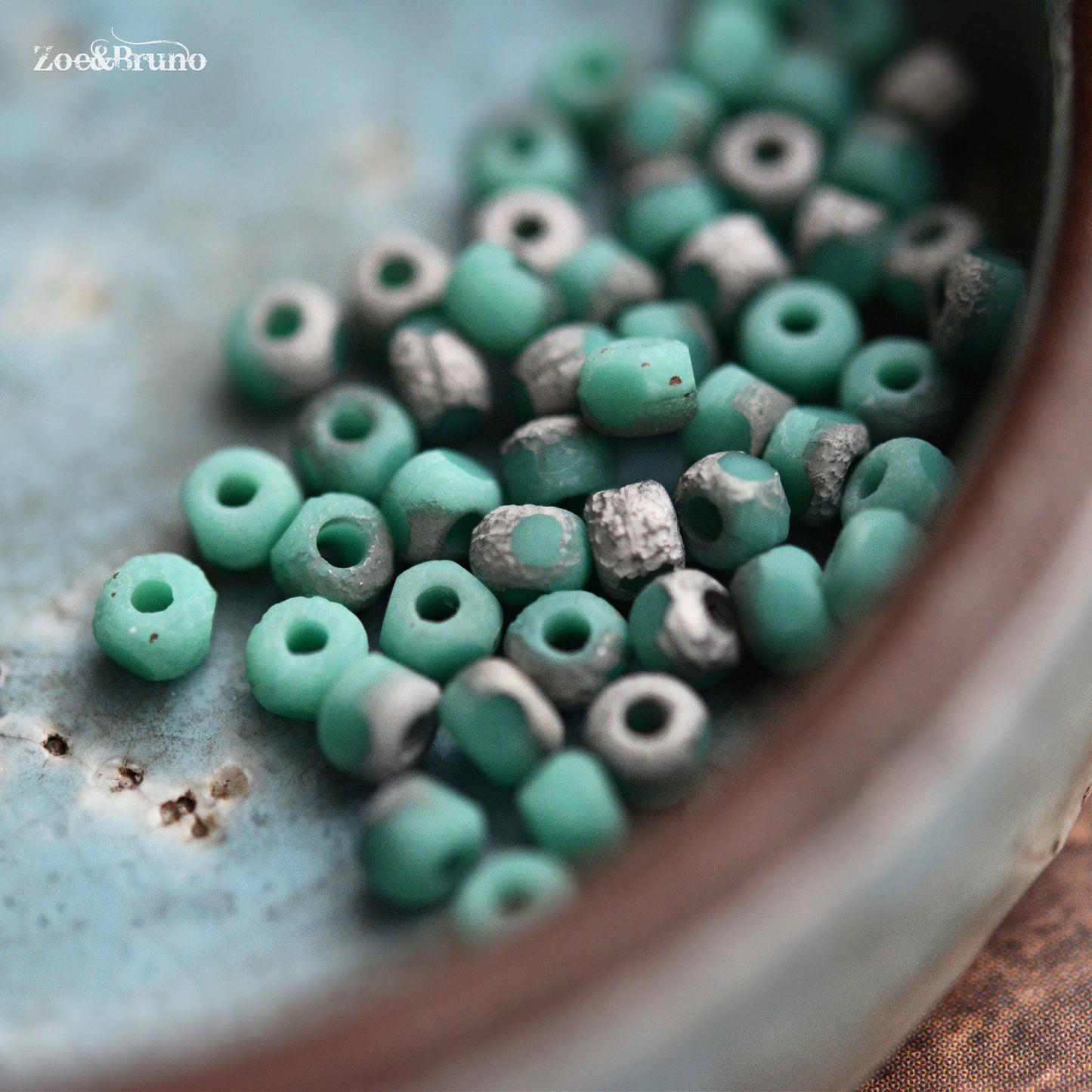50 Matte Opaque Seagreen, Etched Metallic Silver Finish, Premium Czech Glass, Trica Cut Beads 3x4mm