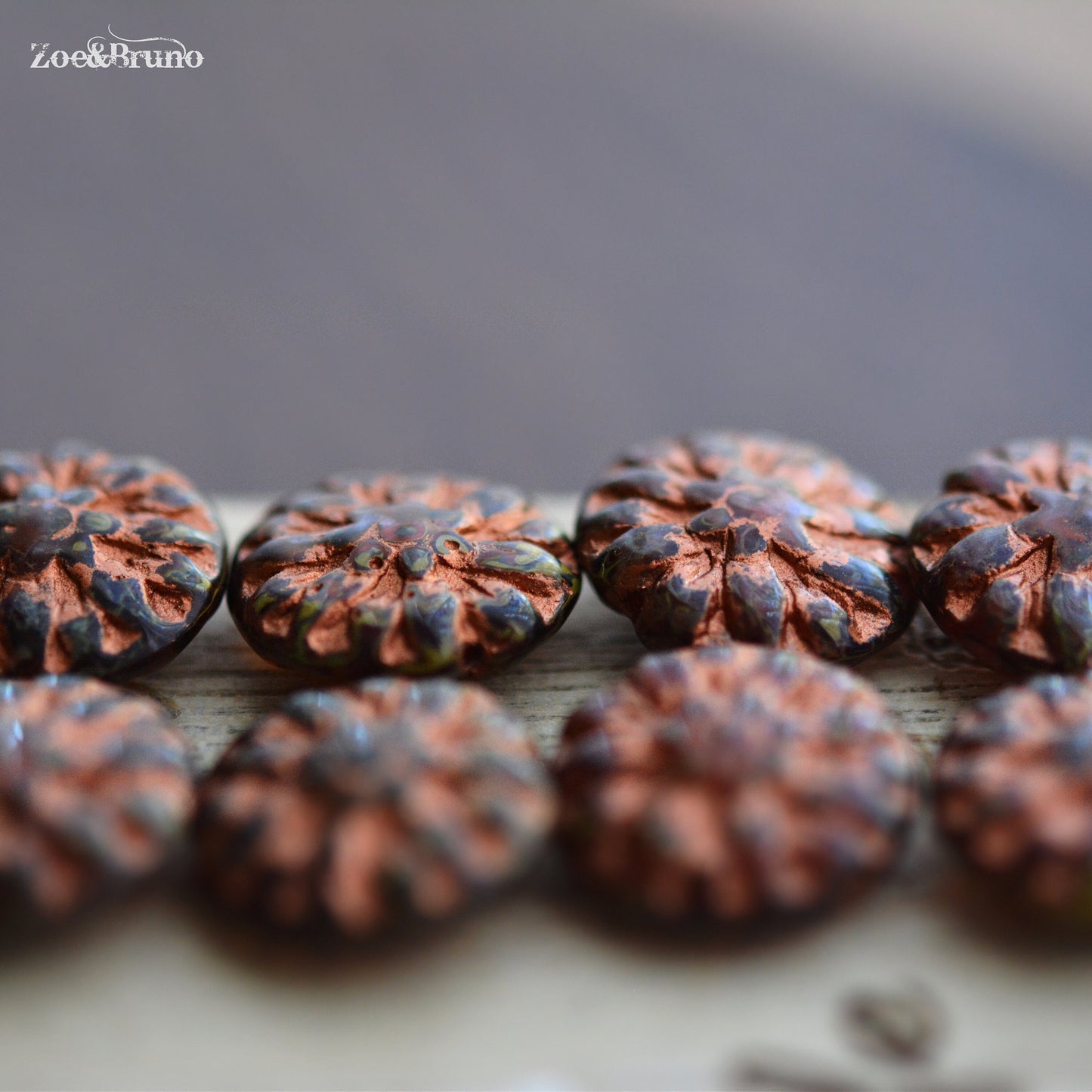 6 Translucent Brown, Crimson Red, Picasso Finish, Metallic Copper Wash, Premium Czech Glass, Dahlia Flower Beads 14mm.