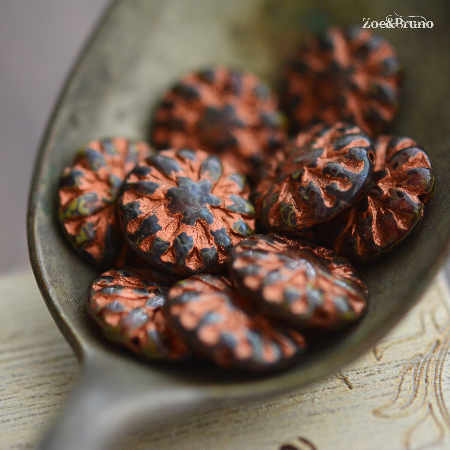 6 Translucent Brown, Crimson Red, Picasso Finish, Metallic Copper Wash, Premium Czech Glass, Dahlia Flower Beads 14mm.