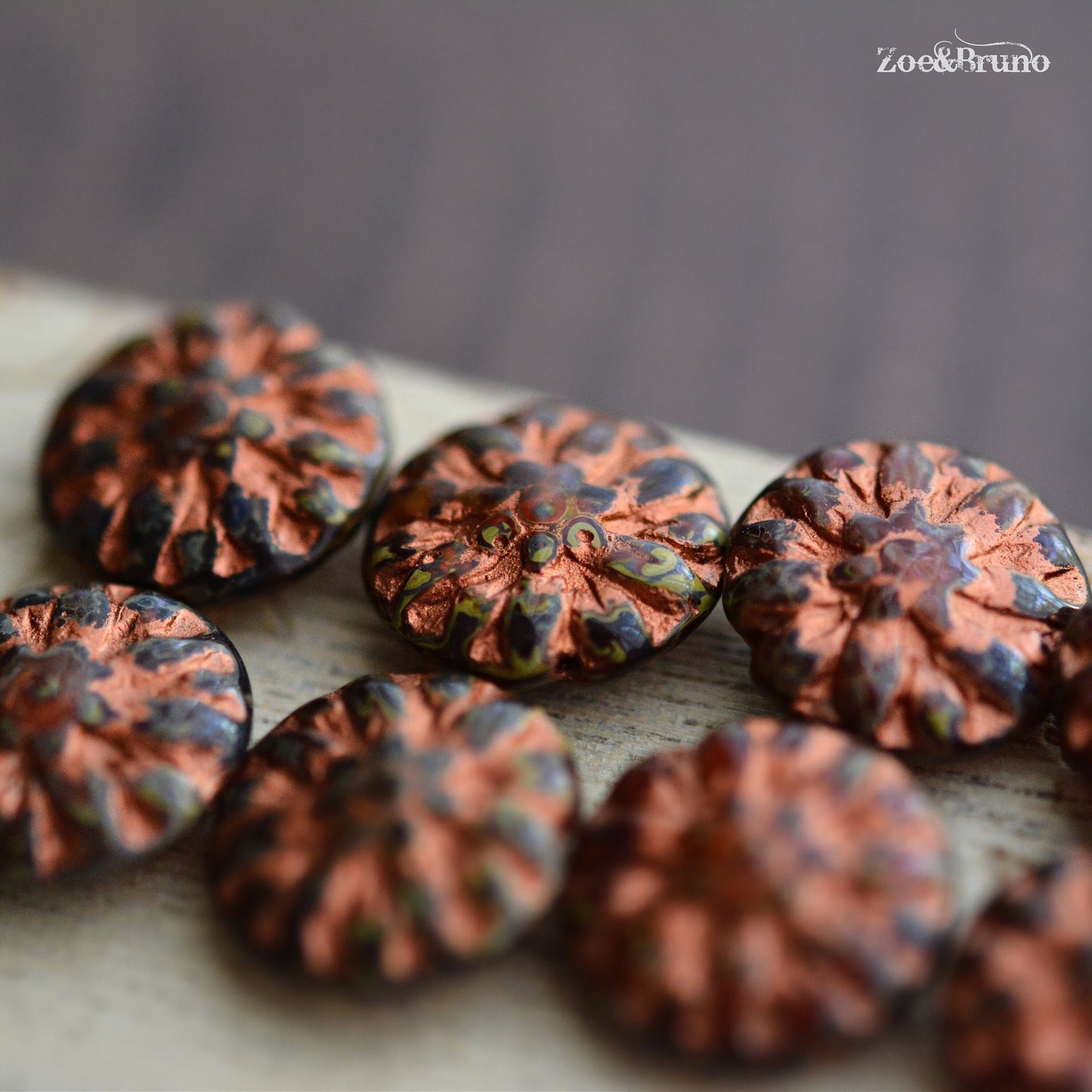 6 Translucent Brown, Crimson Red, Picasso Finish, Metallic Copper Wash, Premium Czech Glass, Dahlia Flower Beads 14mm.
