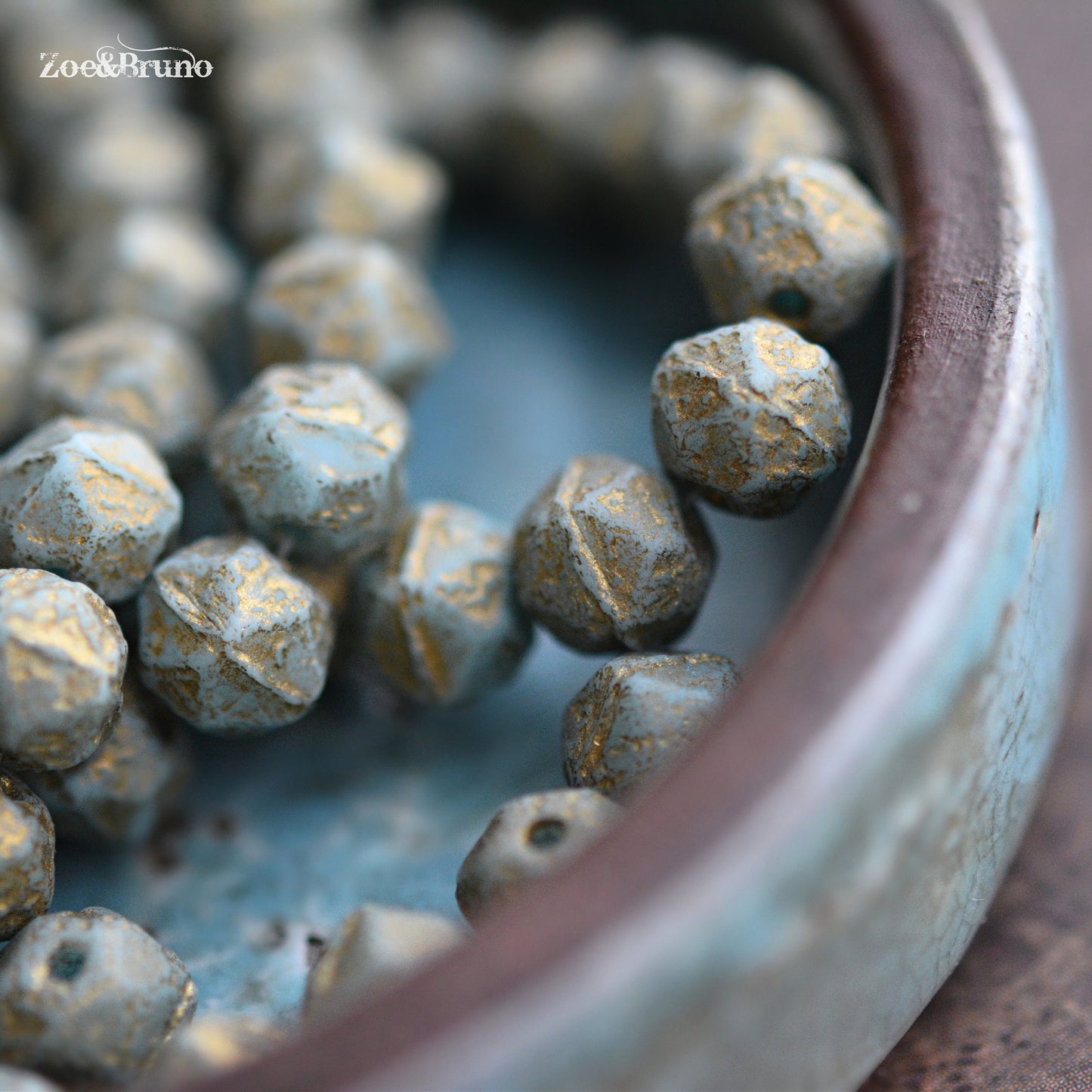20 Opaque Sky Blue, Etched Metallic Gold Wash, Premium Czech Glass, English Cut, Facet Round Beads 8mm
