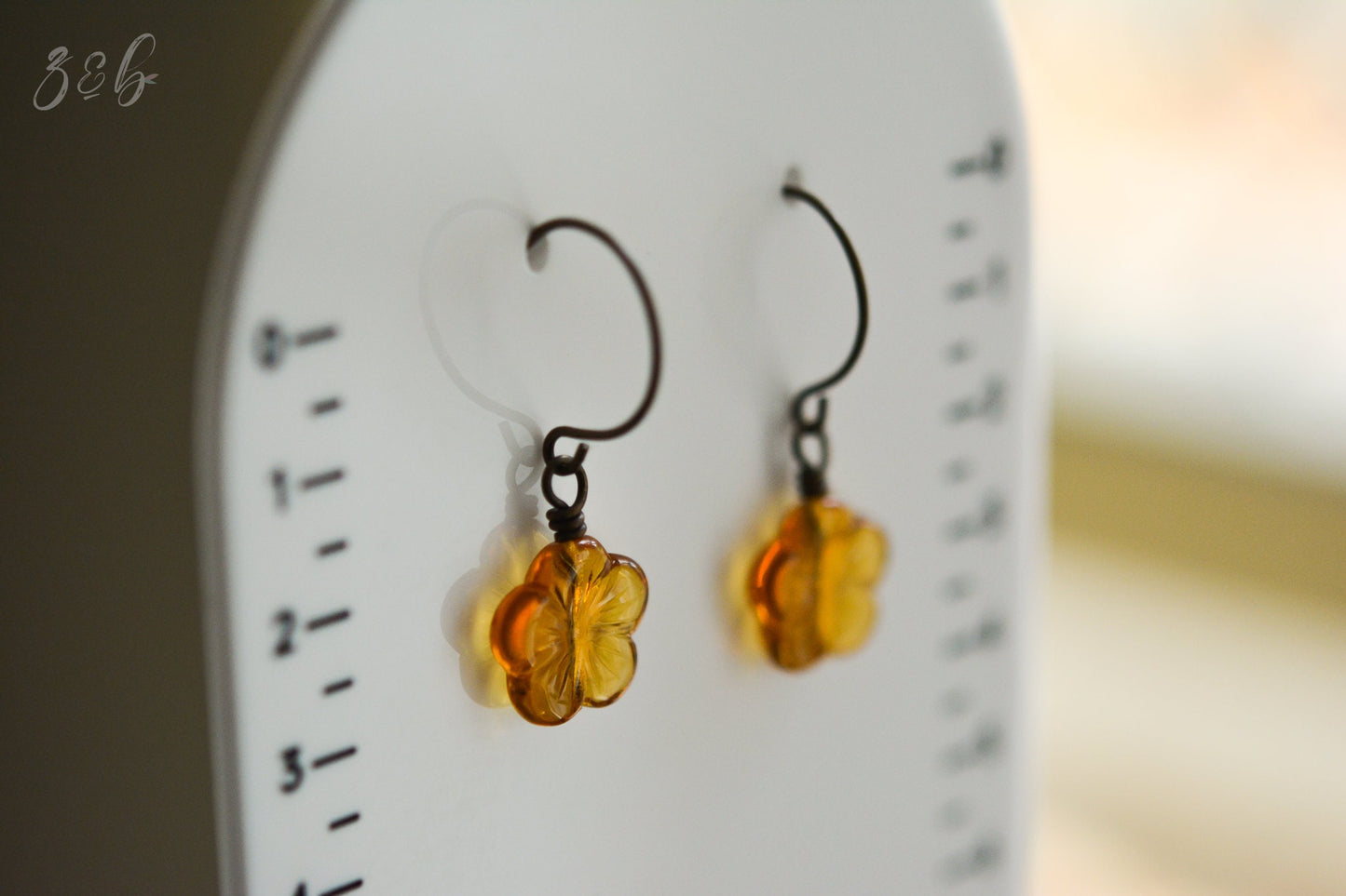 Amber Skies Earrings - Handmade, Vintaj Brass, Nickel Free, Lead Free, Pure Brass, Amber Czech Glass Flower