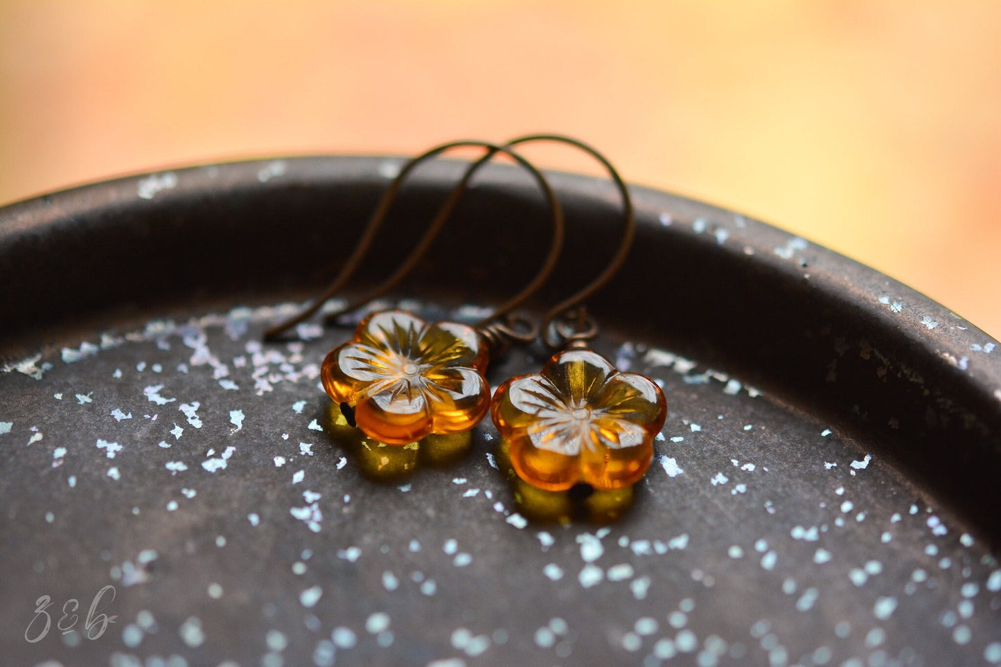 Amber Skies Earrings - Handmade, Vintaj Brass, Nickel Free, Lead Free, Pure Brass, Amber Czech Glass Flower