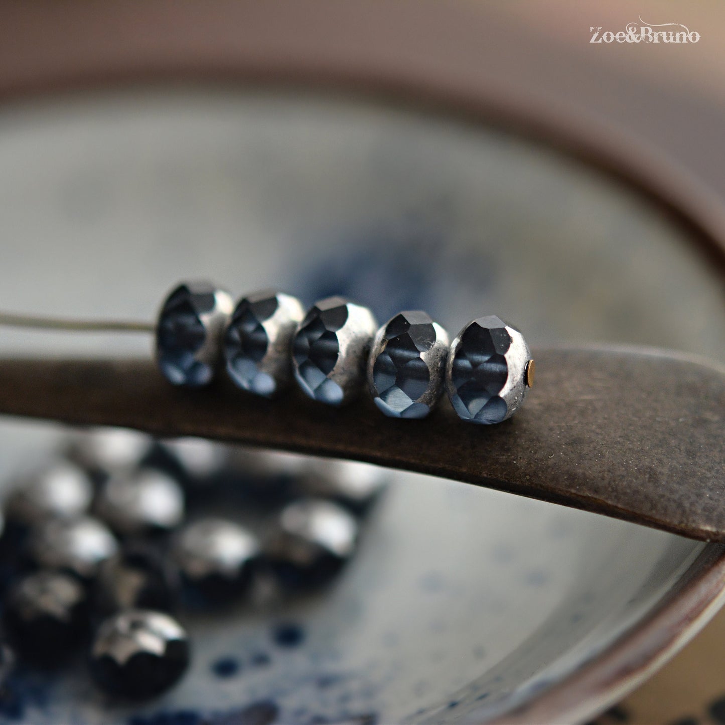 10 Transparent Montana, Slate Blue, Metallic Silver Finish, Premium Czech Glass, Facet Rondelle Beads 6x8mm.